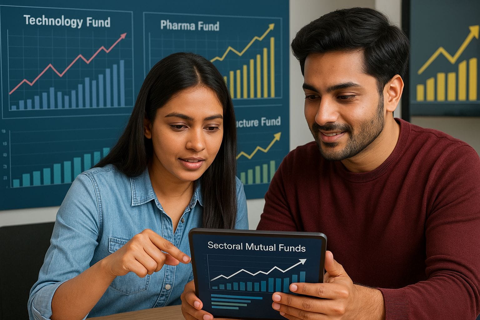 Indian couple checking sectoral fund performance on tablet