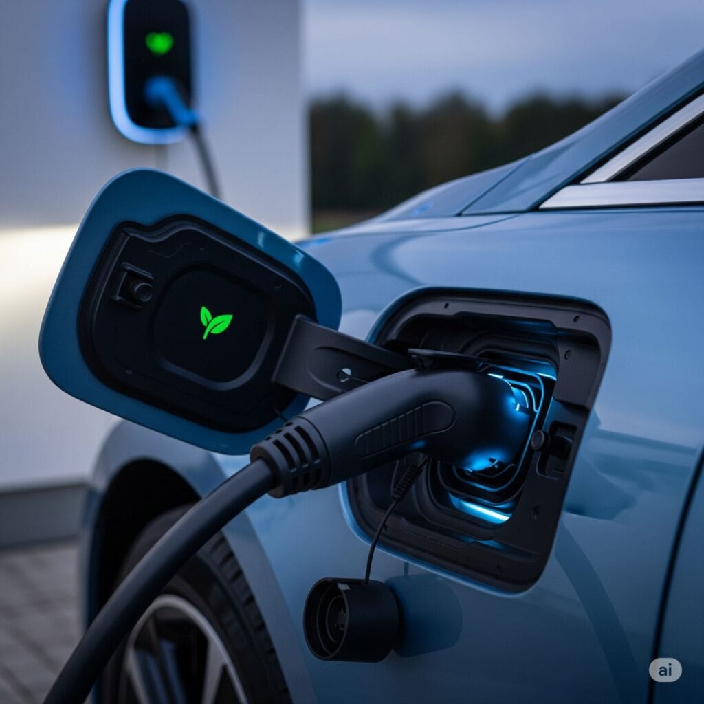 Close-up of an electric car charging at a station, showing modern EV technology,EV insurance costs