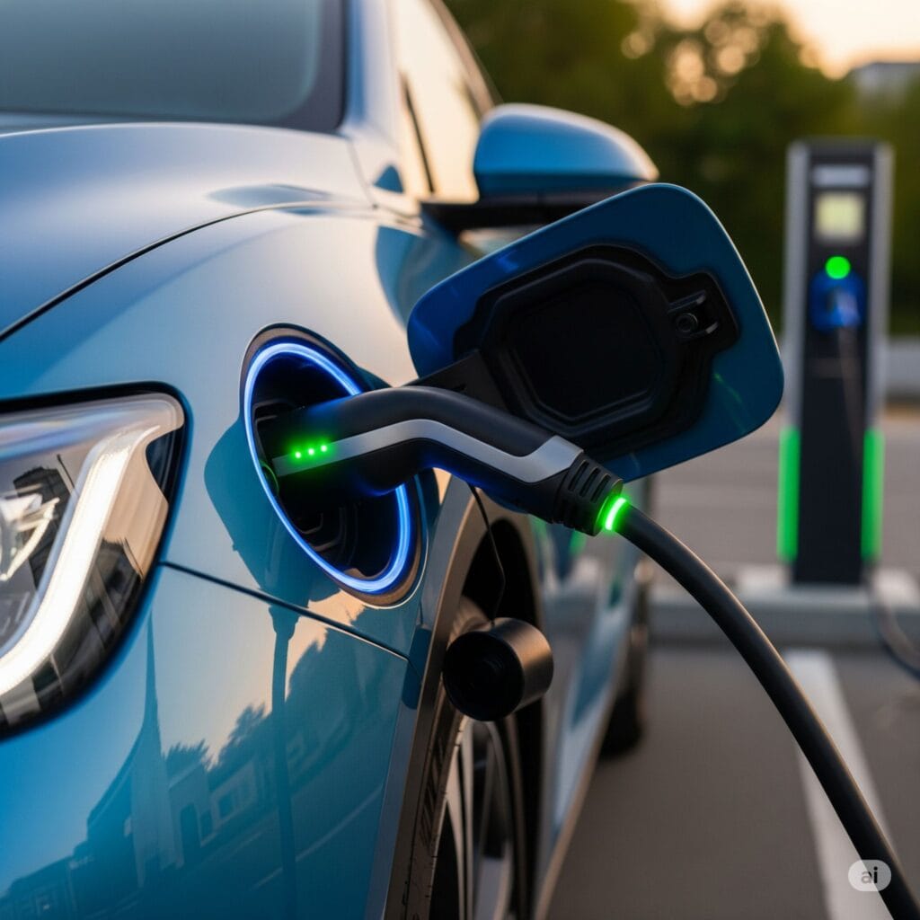 Robots assembling electric vehicles in a futuristic factory