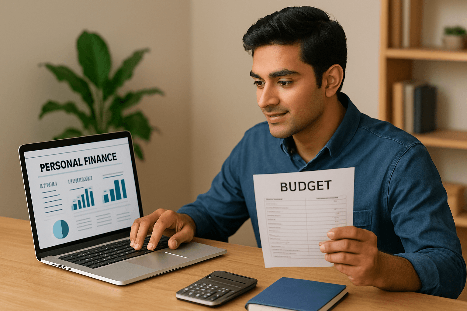"Young professional reviewing budget on a laptop