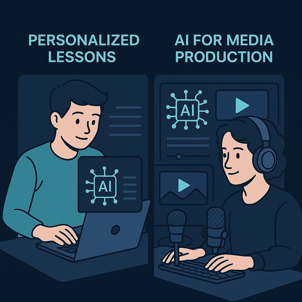 Student using AI for personalized learning and creator using AI for media content