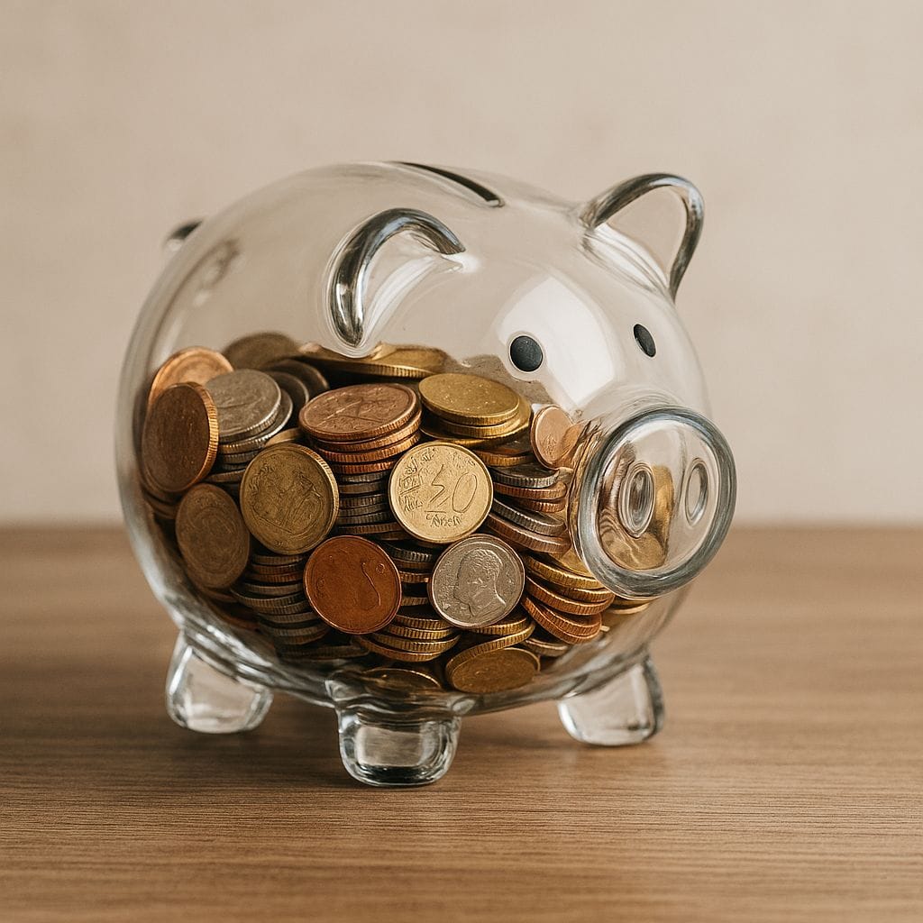 Personal Finance for Beginners: Easy Budgeting, Saving & UPI Tips 2 Glass piggy bank with assorted coins,
Personal Finance for Beginners