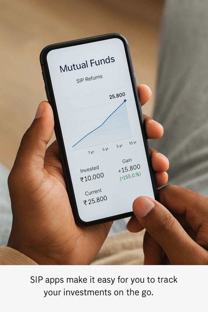 Surge in SIP Inflows and Long-Term Investing: Your Path to Wealth Creation 3 Person reviewing SIP returns on a smartphone, Surge in SIP Inflows