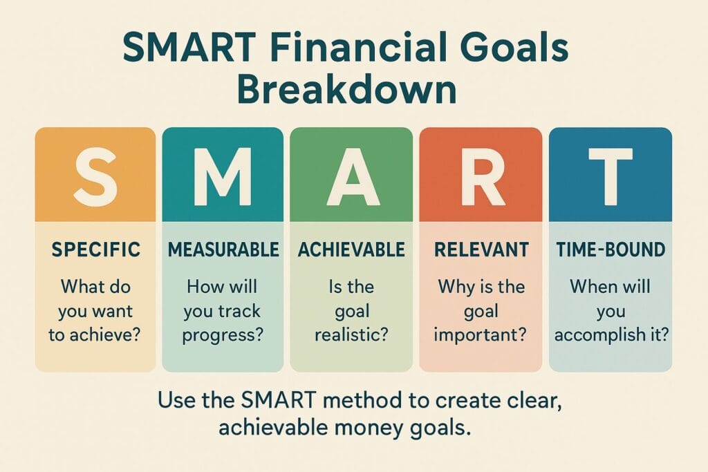 Personal Finance for Beginners: Easy Budgeting, Saving & UPI Tips 3 SMART goal chart showing Specific, Measurable, Achievable, Relevant, Time-bound