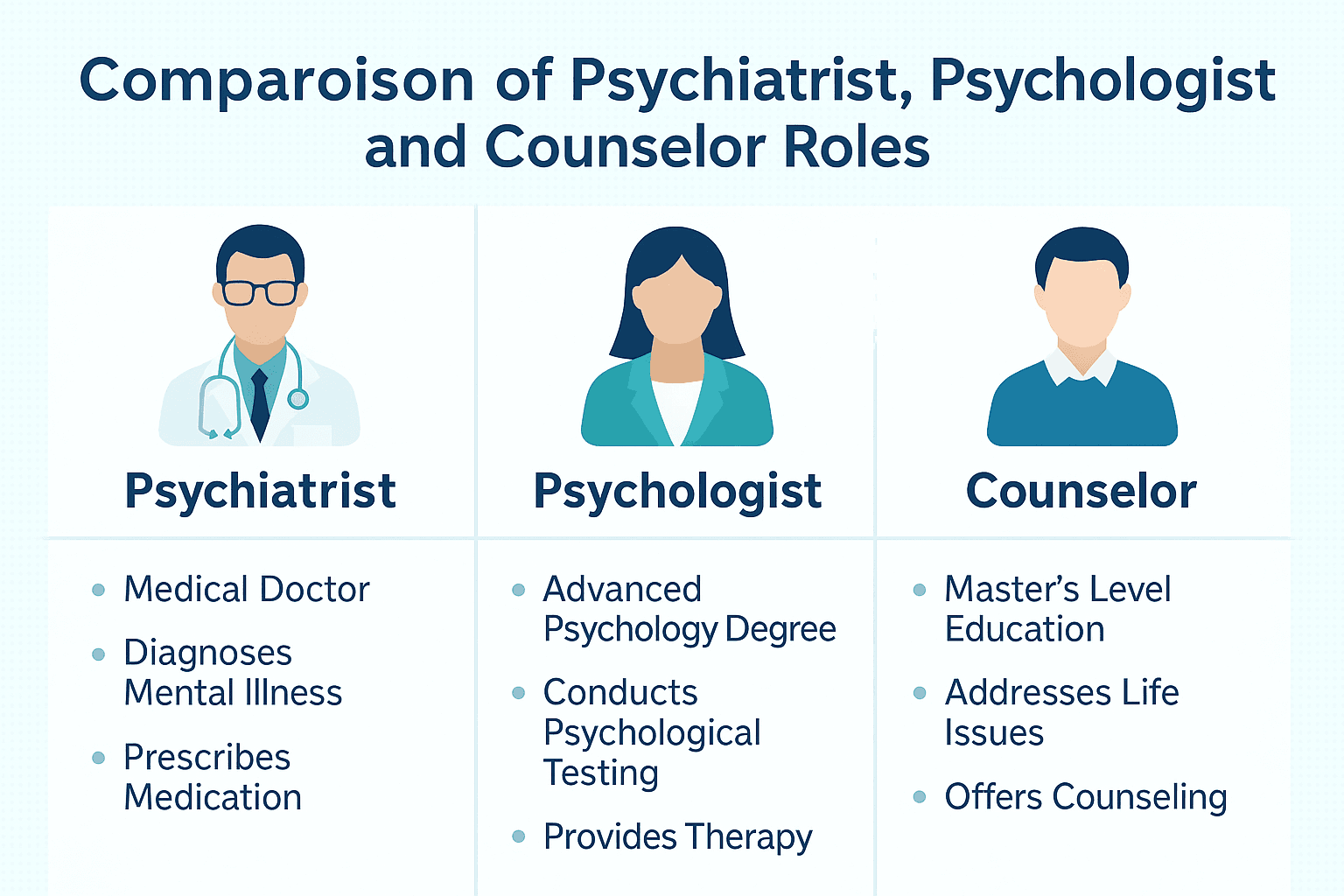 How to Choose the Right Therapist: A Practical Guide for 2025 2 Comparison of psychiatrist, psychologist, and counselor roles,how to choose the right therapist