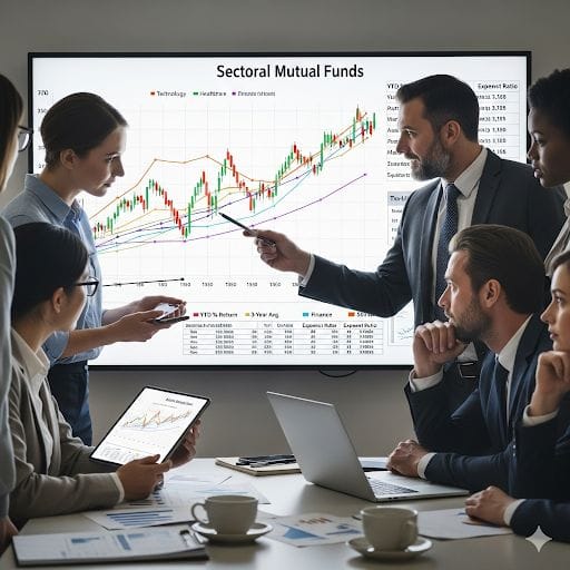Investors analyzing sectoral mutual funds chart