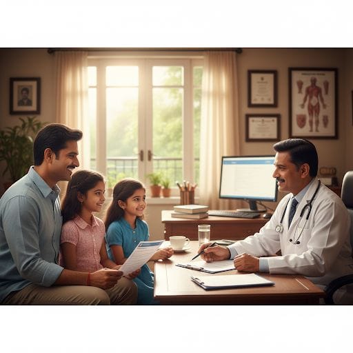 Family of four consulting doctor about health insurance